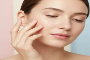 زن با پوست حساس در حال زدن سرم آبرسان روی صورت، نور ملایم، پسزمینه مینیمال و رنگهای پاستلی.