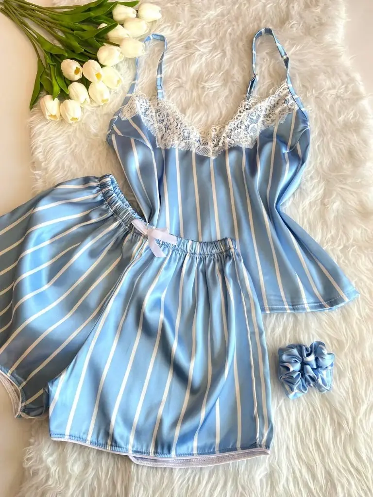 photo_2025-12-02_13-09-30 ست تاپ و شورتک ساتن آبی راه راه کد 0039 - تصویر 1