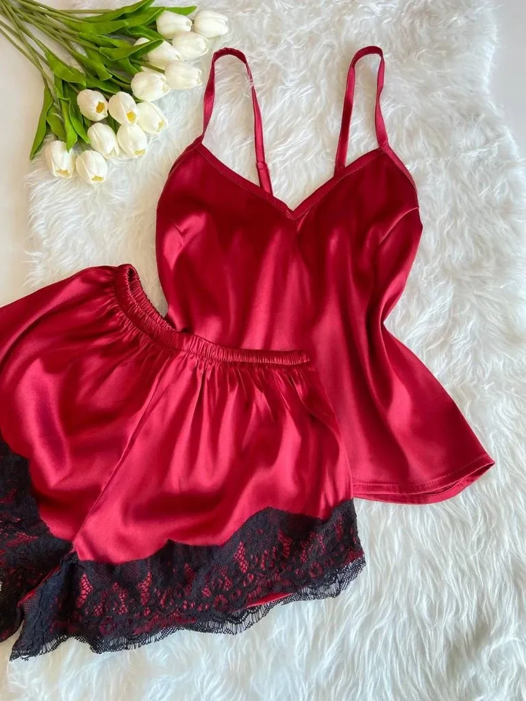 photo_2025-12-02_13-09-54 ست تاپ و شورتک ساتن زرشکی ساده کد 0039 - تصویر 1